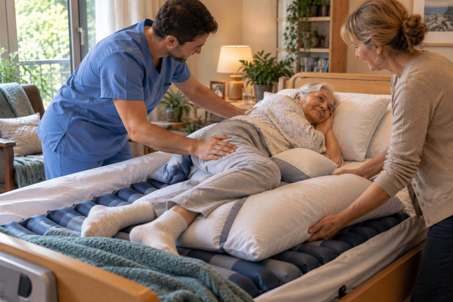Persona anziana in posizione laterale su un letto domestico con materasso antidecubito, assistita da un infermiere e da una caregiver durante il riposizionamento.