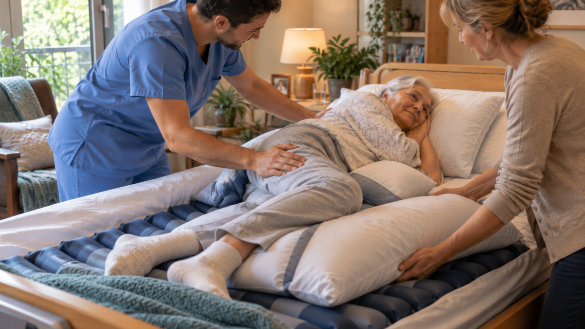 Persona anziana in posizione laterale su un letto domestico con materasso antidecubito, assistita da un infermiere e da una caregiver durante il riposizionamento.