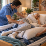 Persona anziana in posizione laterale su un letto domestico con materasso antidecubito, assistita da un infermiere e da una caregiver durante il riposizionamento.