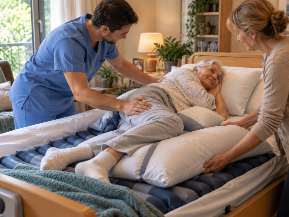 Persona anziana in posizione laterale su un letto domestico con materasso antidecubito, assistita da un infermiere e da una caregiver durante il riposizionamento.