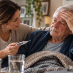 Una persona adulta controlla la temperatura con il supporto di un familiare, in un ambiente domestico.