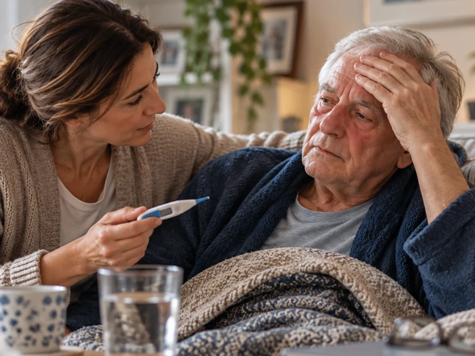 Una persona adulta controlla la temperatura con il supporto di un familiare, in un ambiente domestico.