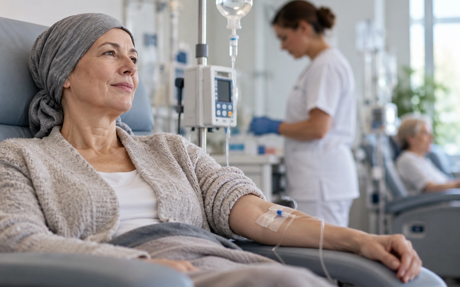 Una persona durante una terapia infusionale, con un professionista sanitario accanto.