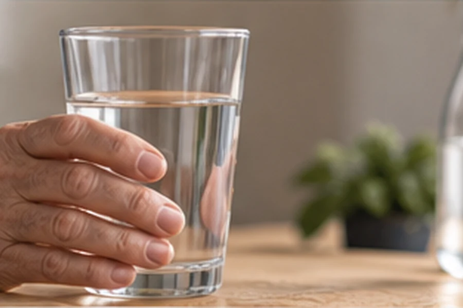 Mano di una persona anziana che tiene un bicchiere d’acqua