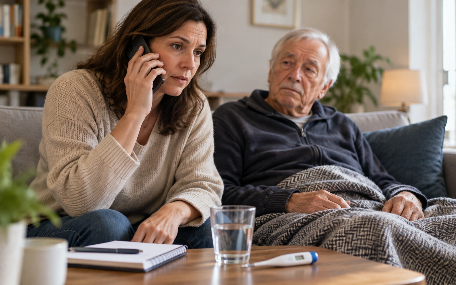 Una familiare telefona mentre resta accanto a un uomo anziano sul divano.