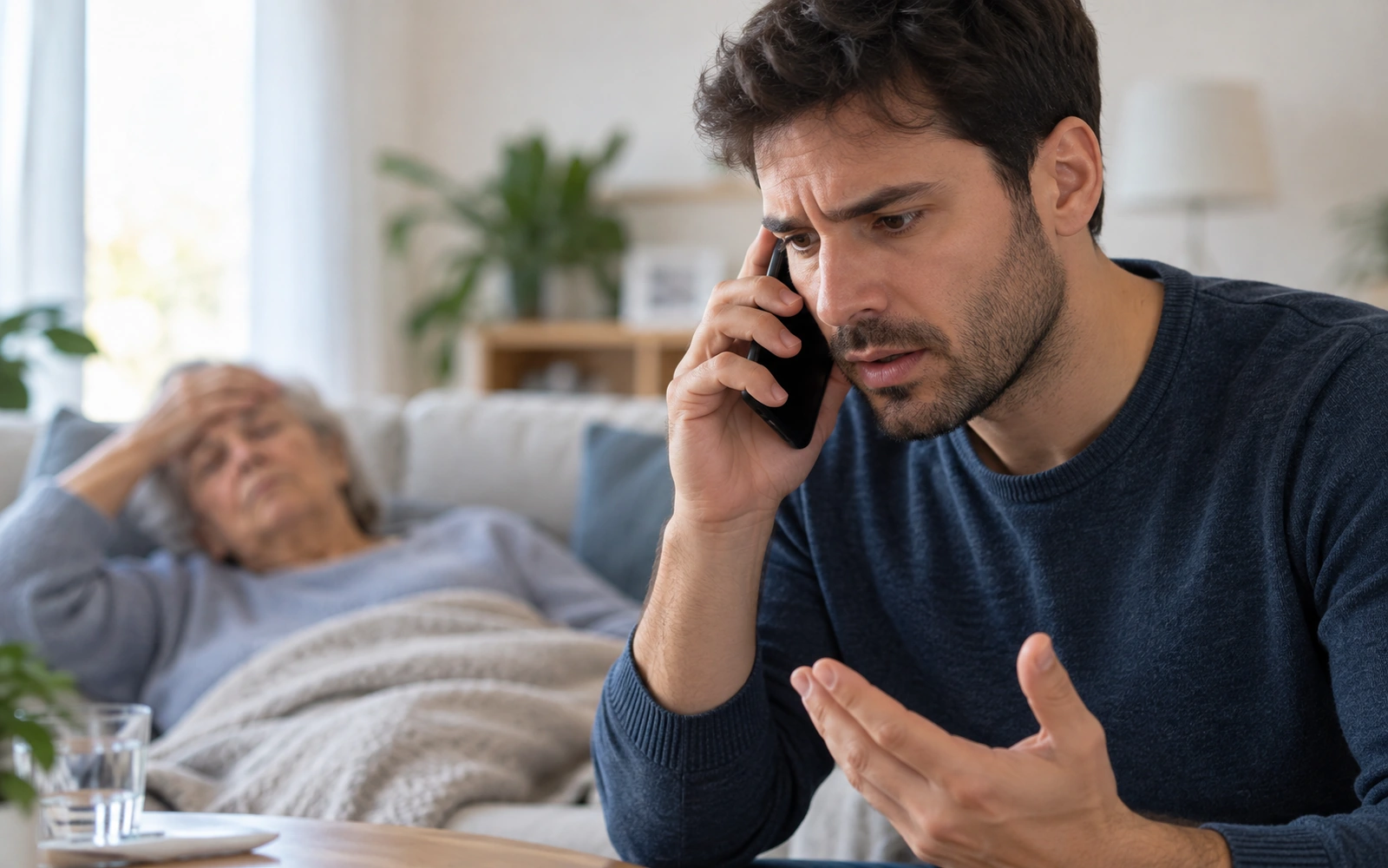 Un familiare al telefono accanto a una persona anziana sdraiata.