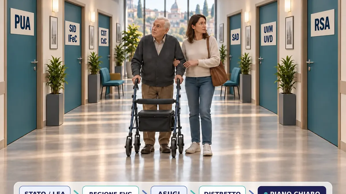 Un uomo anziano con rollator e una giovane caregiver osservano un corridoio di porte blu indicate da sigle dei servizi territoriali; sul pavimento un percorso collega Stato, Regione, azienda sanitaria, Distretto e piano.