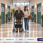 Un uomo anziano con rollator e una giovane caregiver osservano un corridoio di porte blu indicate da sigle dei servizi territoriali; sul pavimento un percorso collega Stato, Regione, azienda sanitaria, Distretto e piano.