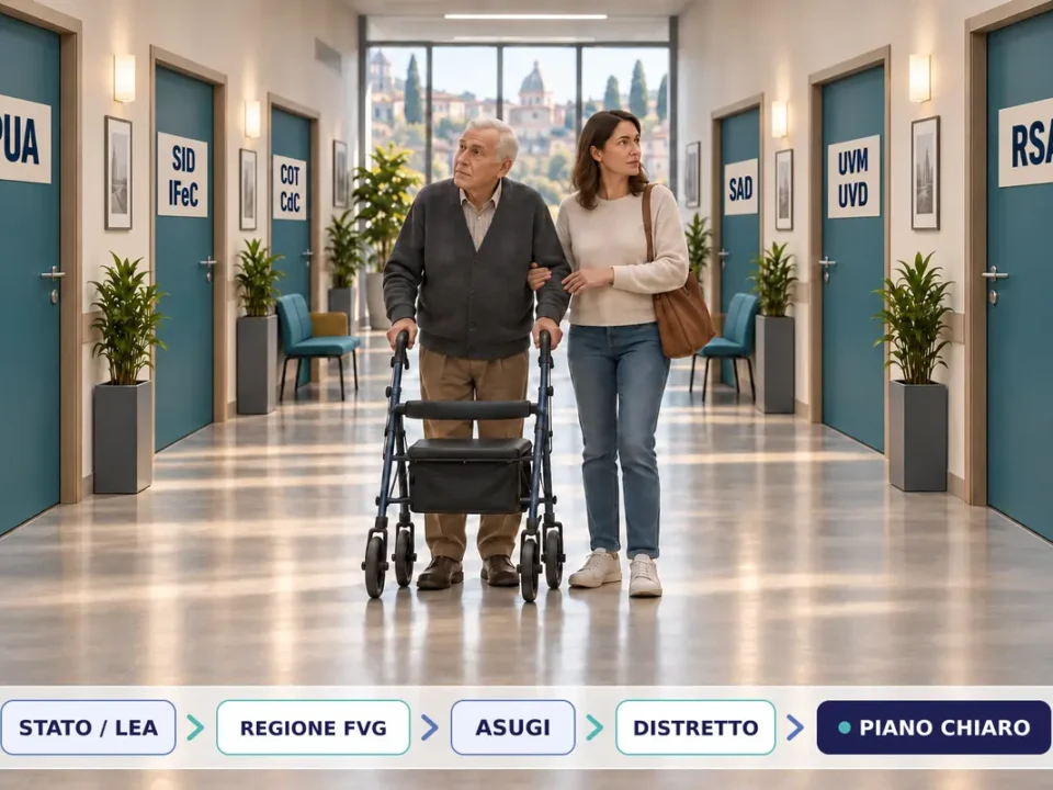 Un uomo anziano con rollator e una giovane caregiver osservano un corridoio di porte blu indicate da sigle dei servizi territoriali; sul pavimento un percorso collega Stato, Regione, azienda sanitaria, Distretto e piano.