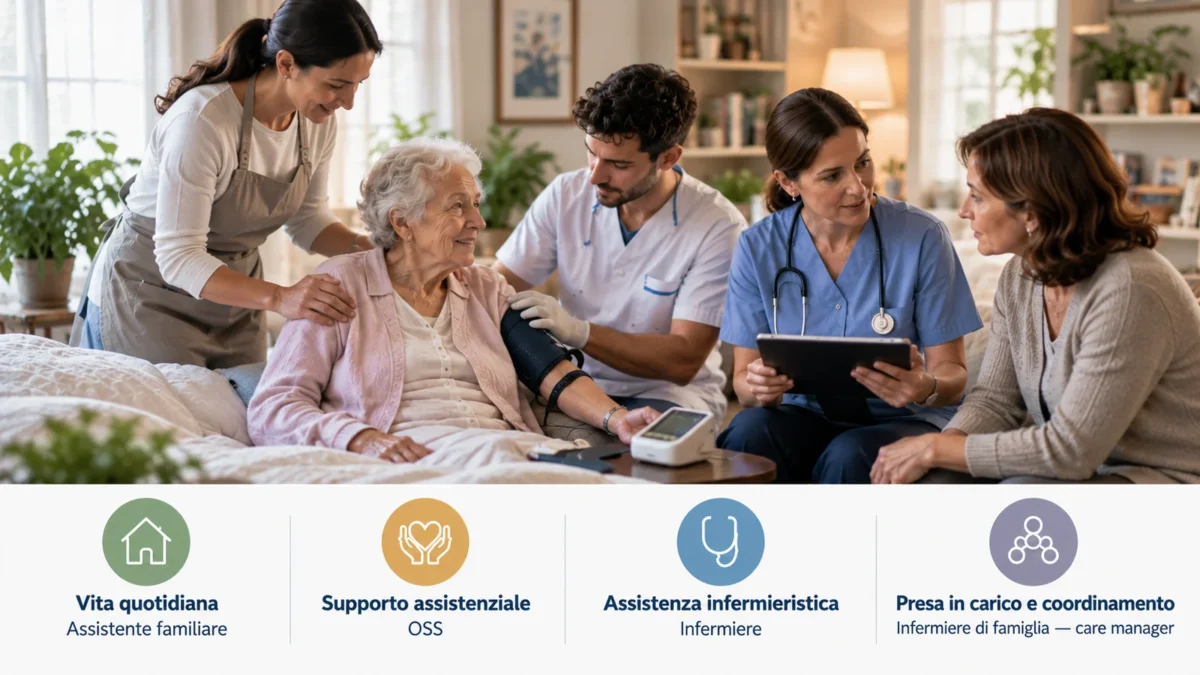 Persona anziana assistita a domicilio da un assistente familiare e da un operatore durante la rilevazione della pressione, mentre un infermiere di famiglia dialoga con una familiare; quattro icone distinguono vita quotidiana, supporto assistenziale, assistenza infermieristica e presa in carico.
