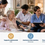 Persona anziana assistita a domicilio da un assistente familiare e da un operatore durante la rilevazione della pressione, mentre un infermiere di famiglia dialoga con una familiare; in basso quattro icone distinguono vita quotidiana, supporto assistenziale, assistenza infermieristica e presa in carico.
