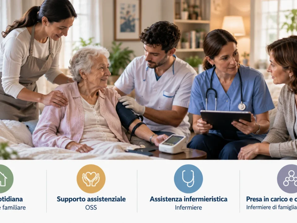 Persona anziana assistita a domicilio da un assistente familiare e da un operatore durante la rilevazione della pressione, mentre un infermiere di famiglia dialoga con una familiare; in basso quattro icone distinguono vita quotidiana, supporto assistenziale, assistenza infermieristica e presa in carico.