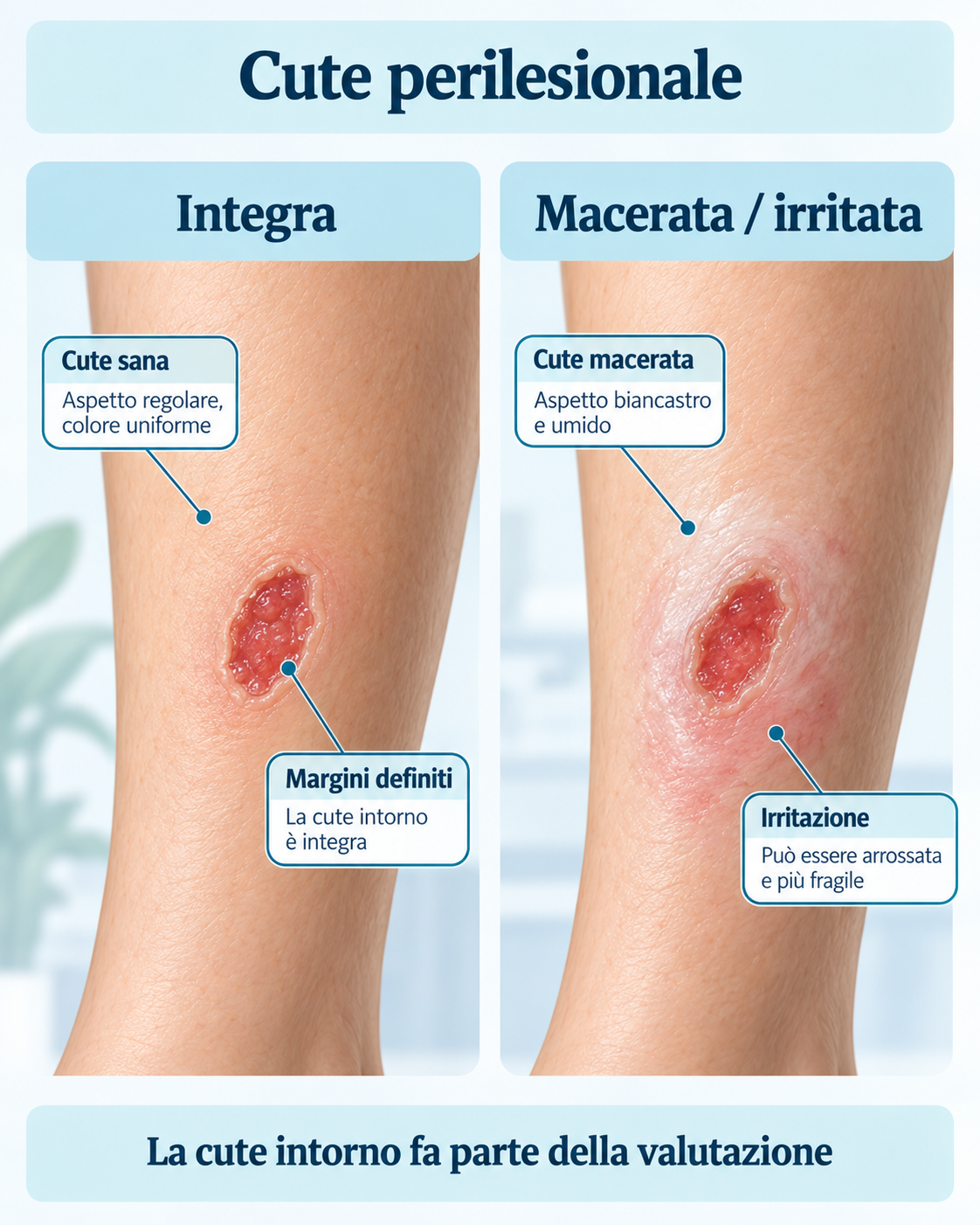 Confronto tra cute perilesionale integra e cute macerata o irritata attorno a una ferita.