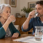 Una persona anziana e un familiare bevono acqua insieme al tavolo di casa