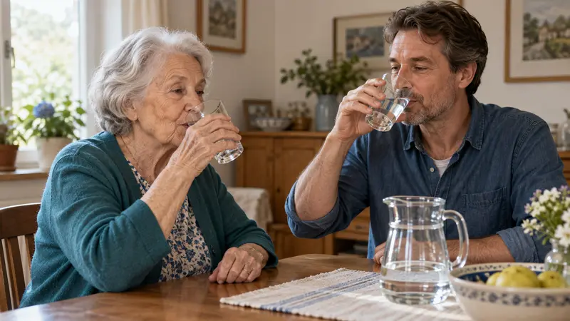 Una persona anziana e un familiare bevono acqua insieme al tavolo di casa