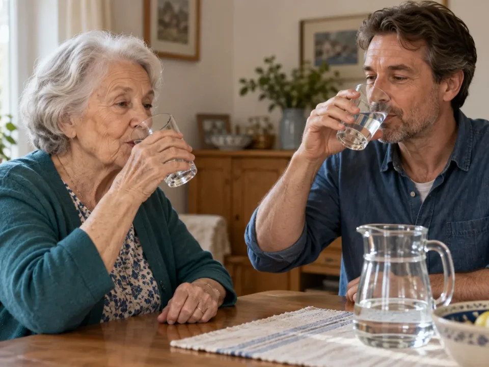 Una persona anziana e un familiare bevono acqua insieme al tavolo di casa