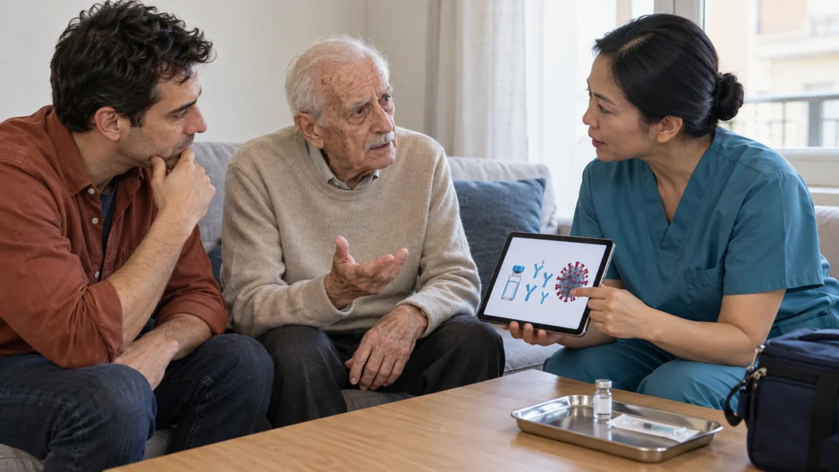 Un uomo anziano e un familiare dialogano a casa con un’infermiera, che mostra sul tablet un’illustrazione su vaccino, anticorpi e virus.