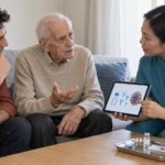 Un uomo anziano e un familiare dialogano a casa con un’infermiera, che mostra sul tablet un’illustrazione su vaccino, anticorpi e virus.