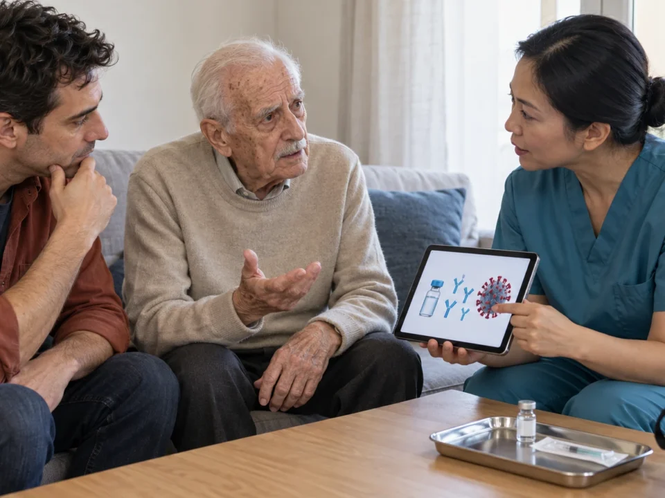 Un uomo anziano e un familiare dialogano a casa con un’infermiera, che mostra sul tablet un’illustrazione su vaccino, anticorpi e virus.